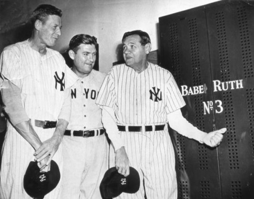 Babe Ruth visits his old locker in Yankee Stadium for the last time. With him are Bob Meusel, left, and Mark Koenig, center. TRANSCENDENTAL GRAPHICS/GETTY IMAGES