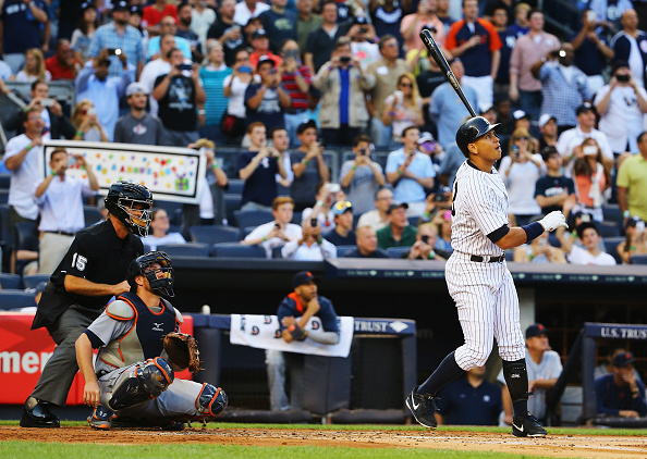 ARod watches as he launches a home run for his 3000 career hit