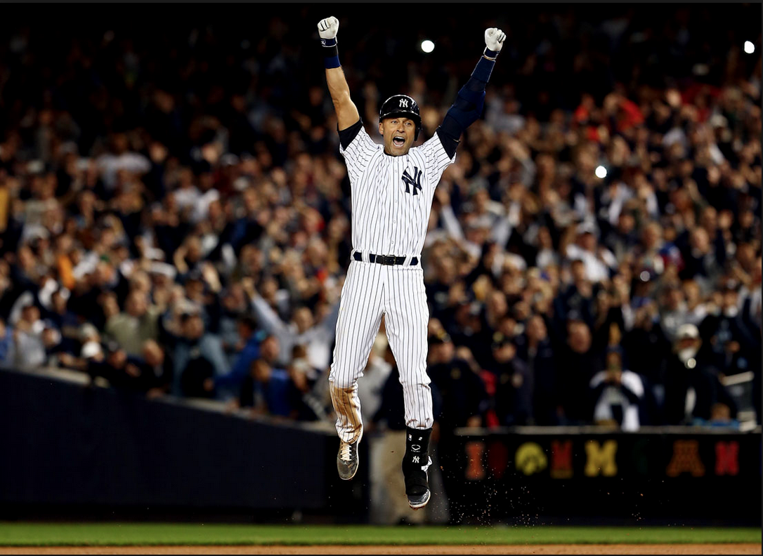 Jeter celebrates hit last hit at Yankee Stadium- a walk off winner