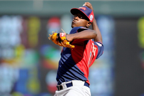 MINNEAPOLIS, MN - JULY 13:  Luis Severino of the World Team pitches against the U.S. Team during the SiriusXM All-Star Futures Game at Target Field on July 13, 2014 in Minneapolis, Minnesota.  (Photo by Hannah Foslien/Getty Images)