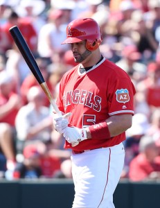 TEMPE, AZ - MARCH 12: Albert Pujols #5 of the Los Angeles Angels of Anaheim gets ready to step into the batters box against the San Francisco Giants at Tempe Diablo Stadium on March 12, 2016 in Tempe, Arizona. (Photo by Norm Hall/Getty Images)
